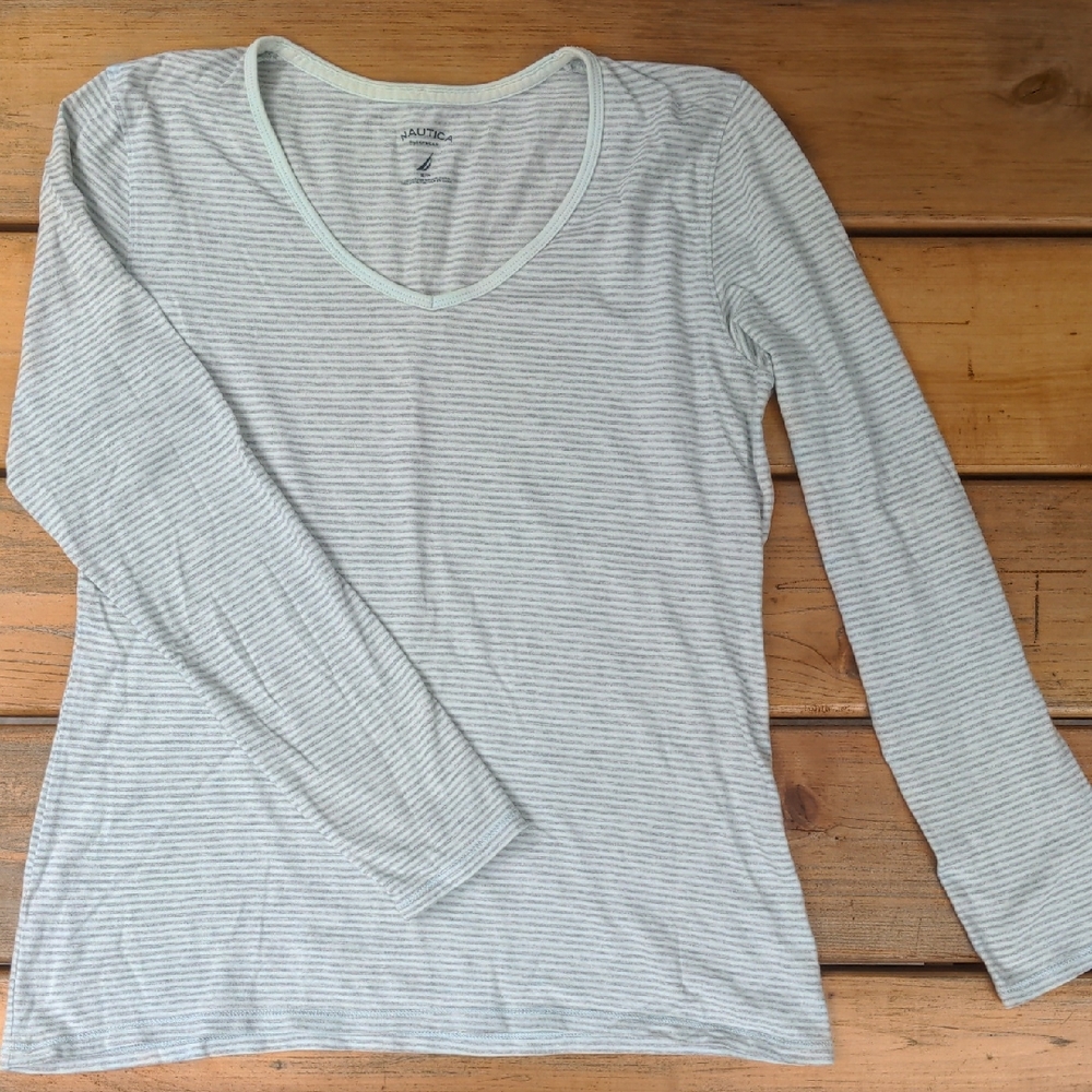 Nautica Women's Long Sleeve Top - Light Gray Stripes